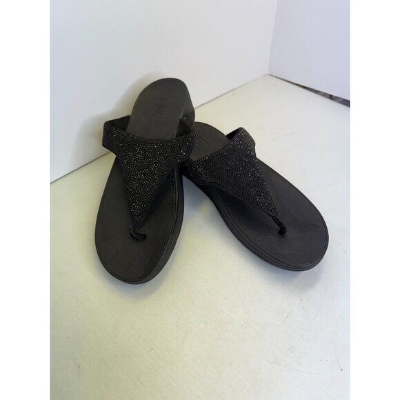 FitFlop Lottie Glitzy Shimmer Fabric Toe Thong Sandal Black NEW Size 10 - Picture 1 of 14